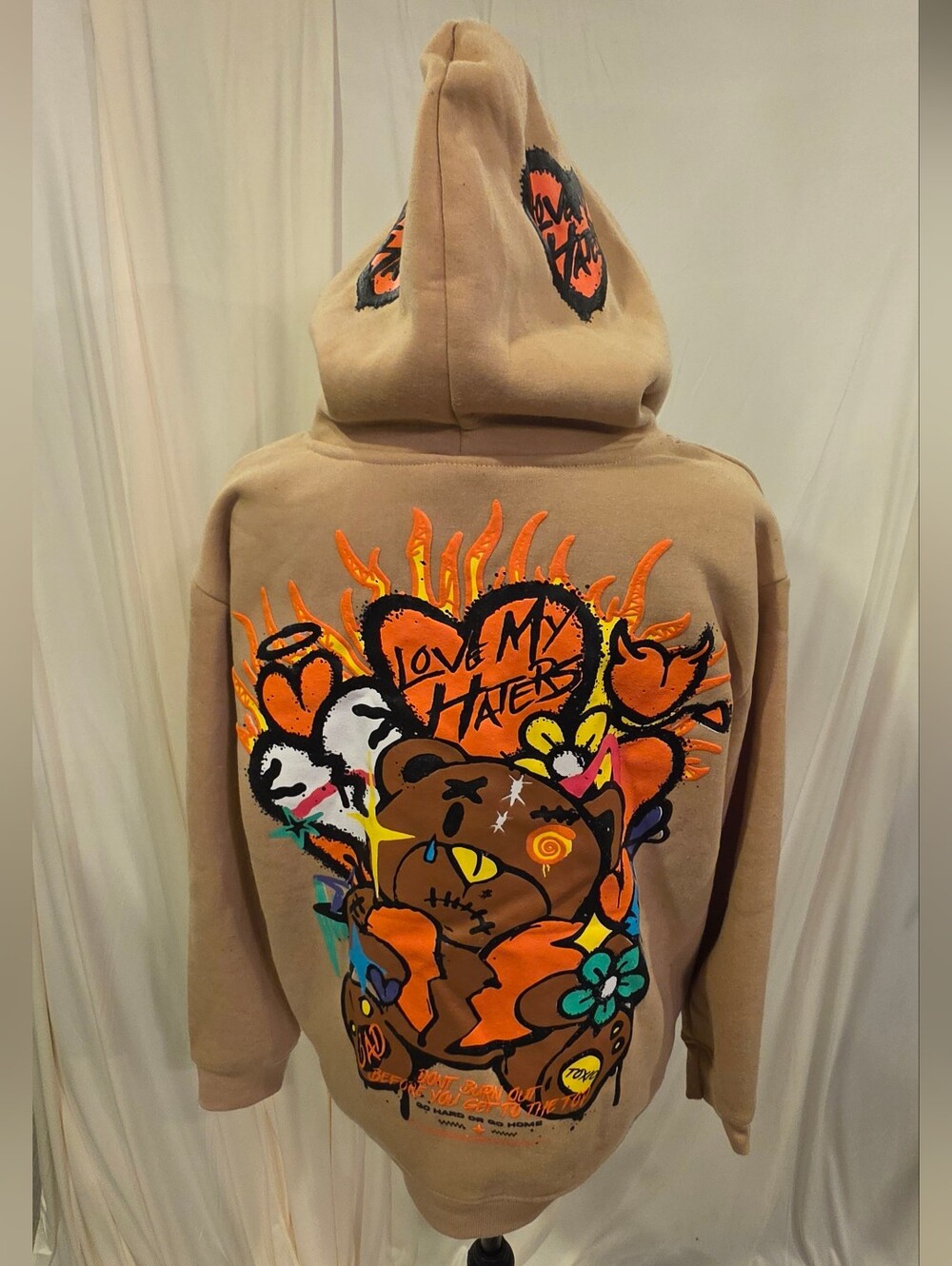 RGSTR Small Tan Love My Haters Teddy Bear Graphic Pullover Streetwear Hoodie
